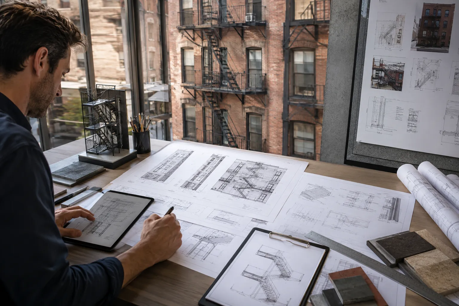 Architect reviewing fire escape plans and permit documents for an NYC building