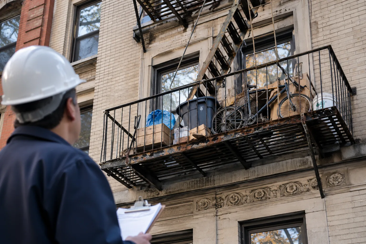 Inspector reviewing blocked and rusted fire escape violation in NYC