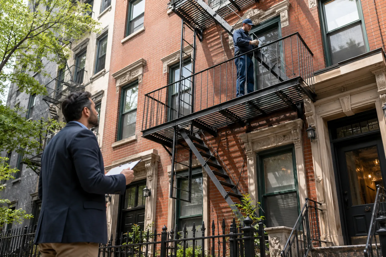 Contractor performing fire escape upkeep on NYC apartment building Contractor performing fire escape upkeep on NYC apartment building