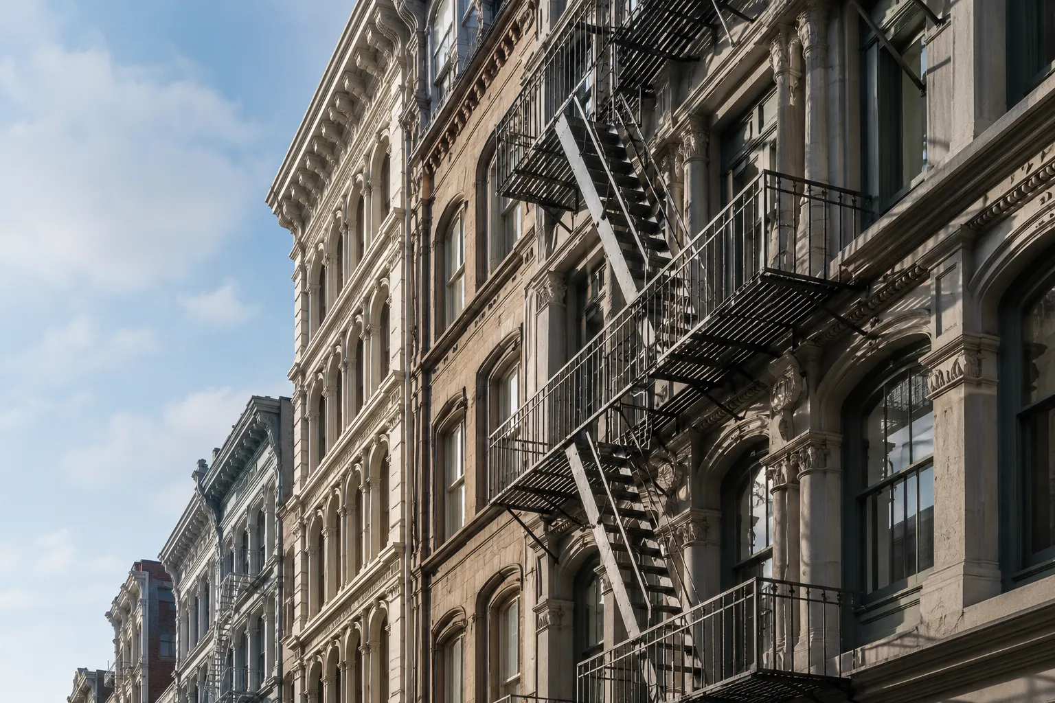 Exterior fire escape on a historic landmark building in New York City