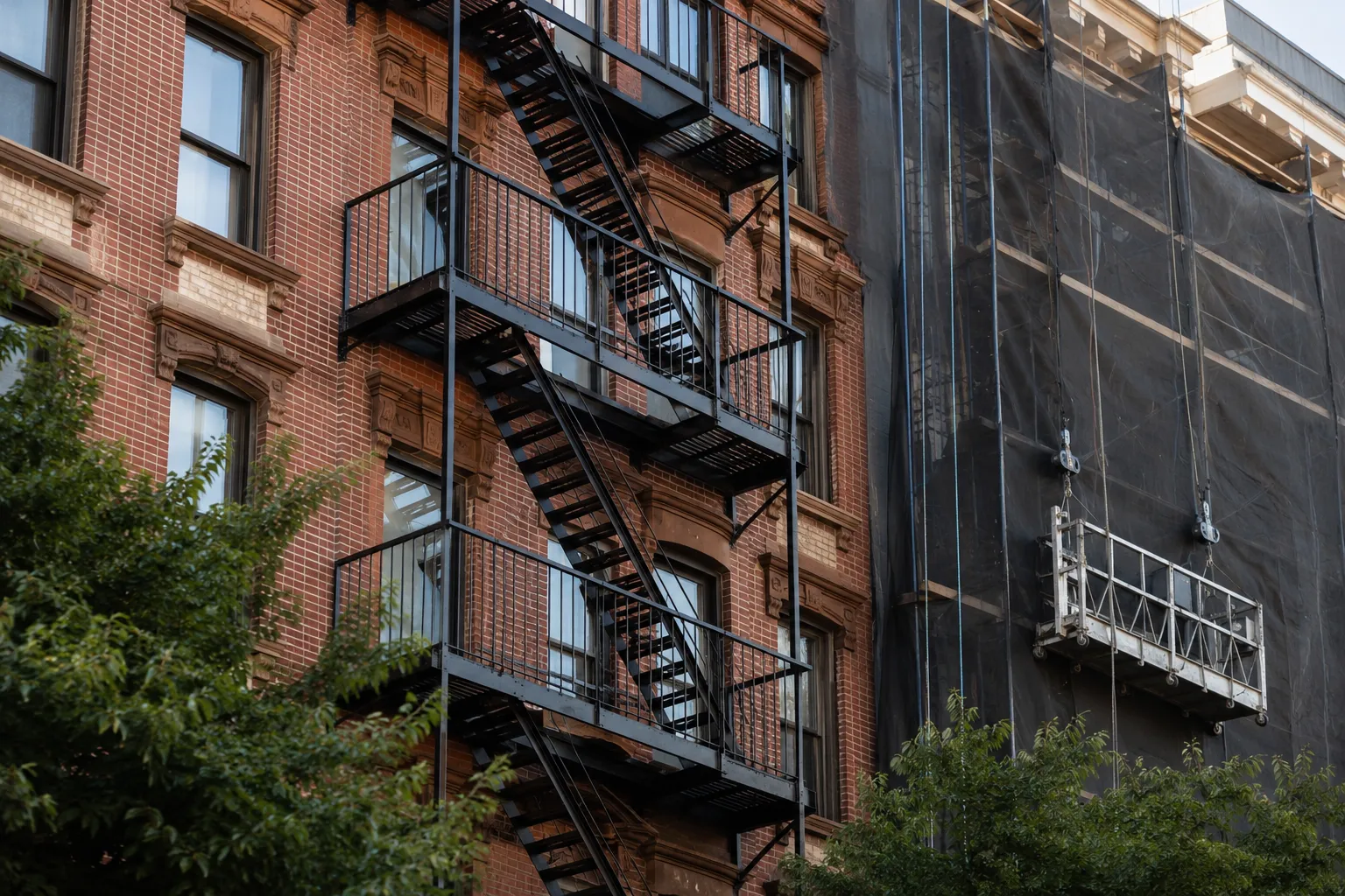 New fire escape beside a scaffolded NYC facade undergoing Local Law 11 inspection New fire escape beside a scaffolded NYC facade undergoing Local Law 11 inspection