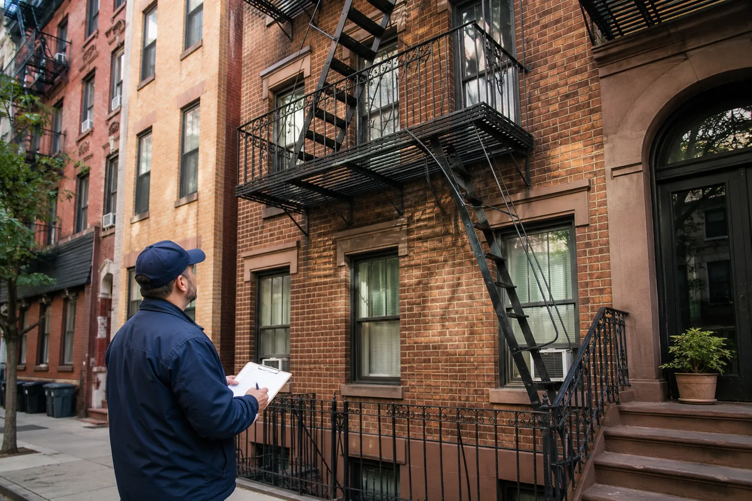 Contractor inspecting fire escape maintenance needs on NYC apartment building Contractor inspecting fire escape maintenance needs on NYC apartment building