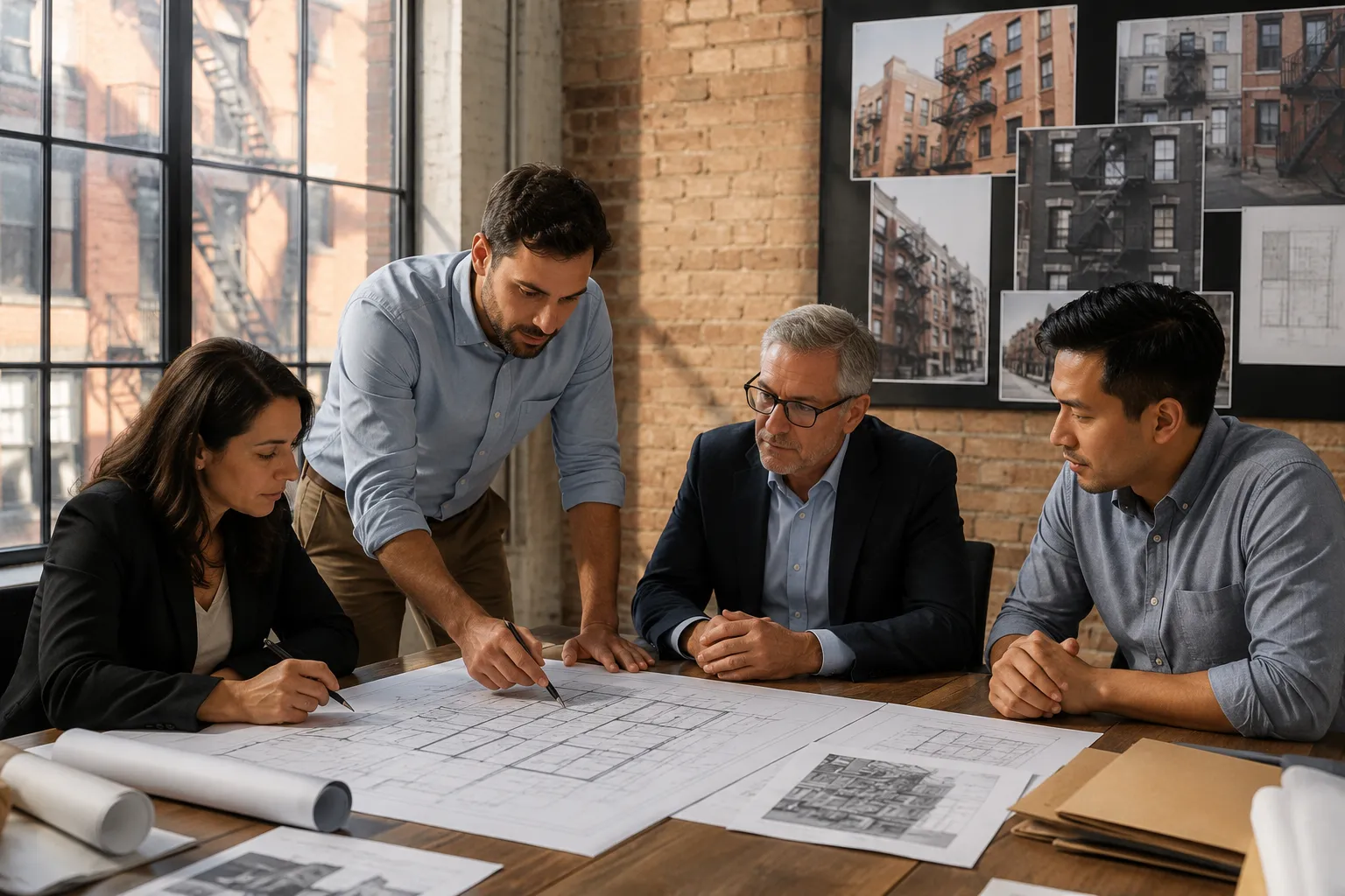 NYC property owners and project professionals reviewing fire escape permit plans before filing