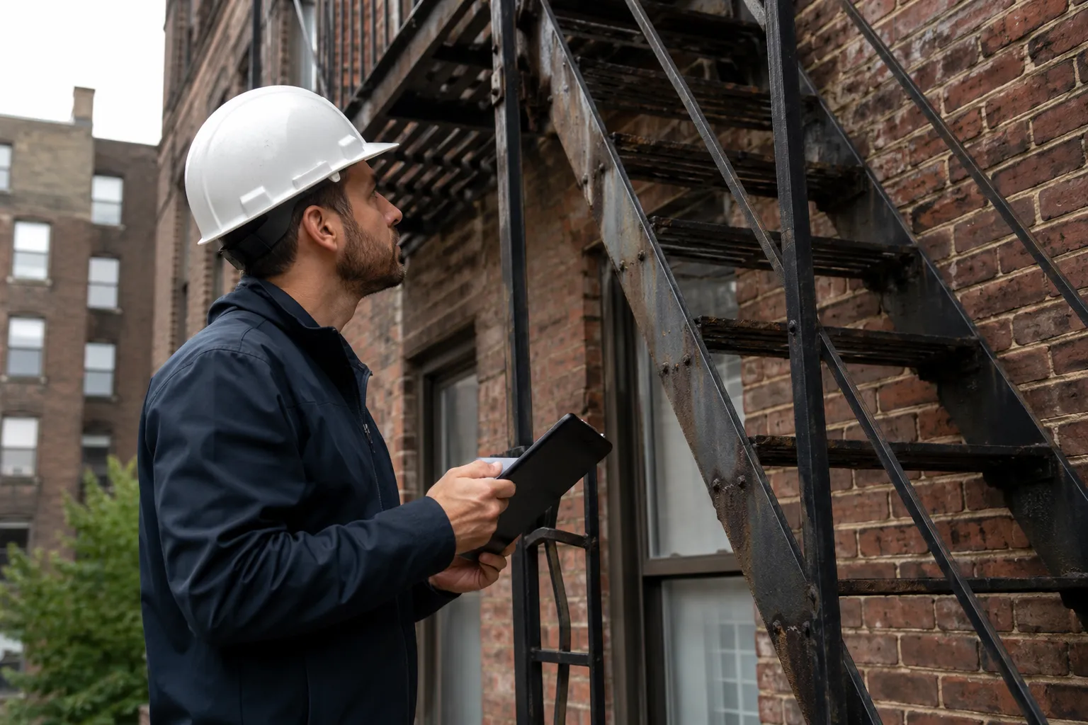 Contractor inspecting NYC fire escape for compliance and safety concerns
