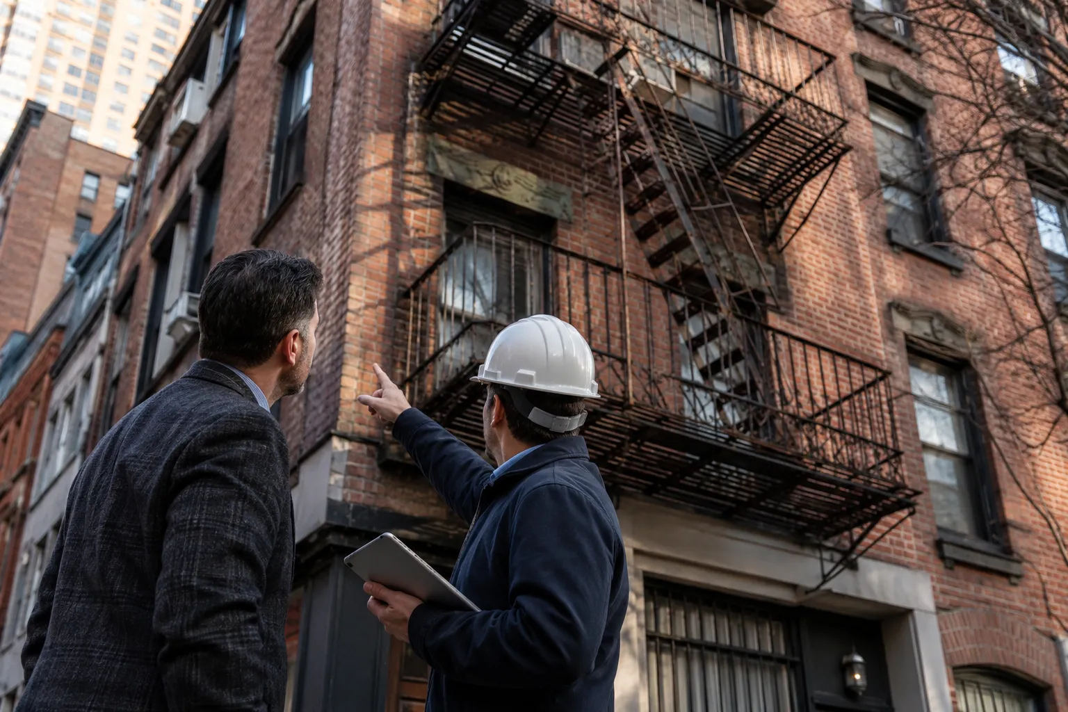 Property owner and contractor reviewing fire escape violation responsibility in NYC
