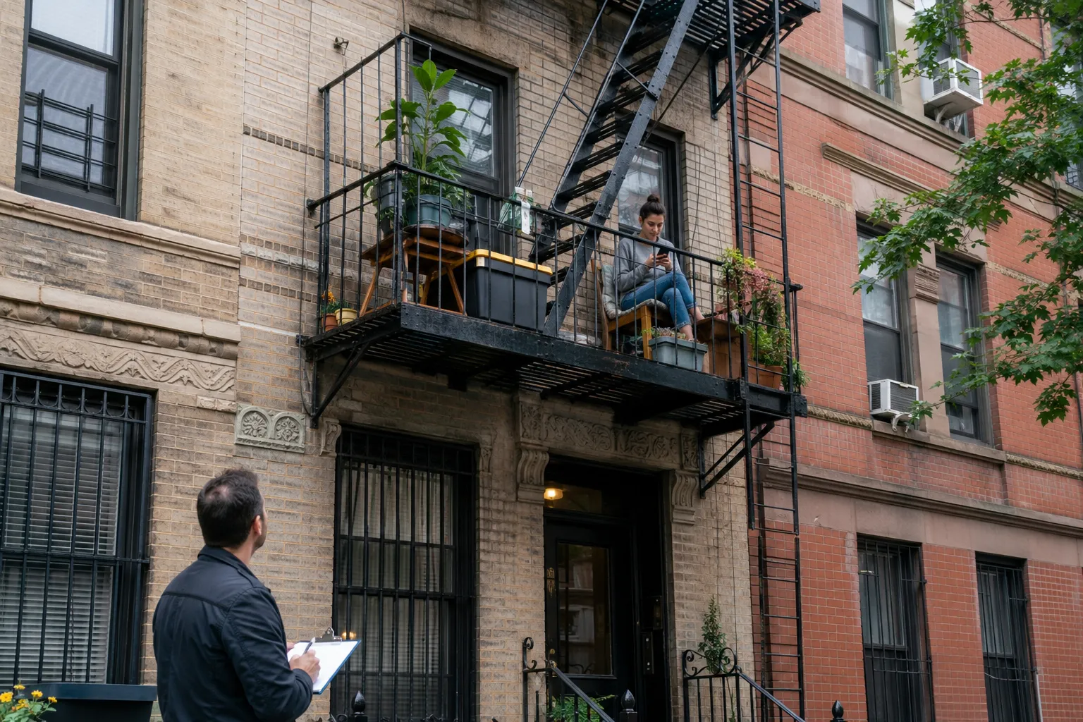 Tenant using an NYC fire escape as a sitting and storage area while an inspector checks the building below