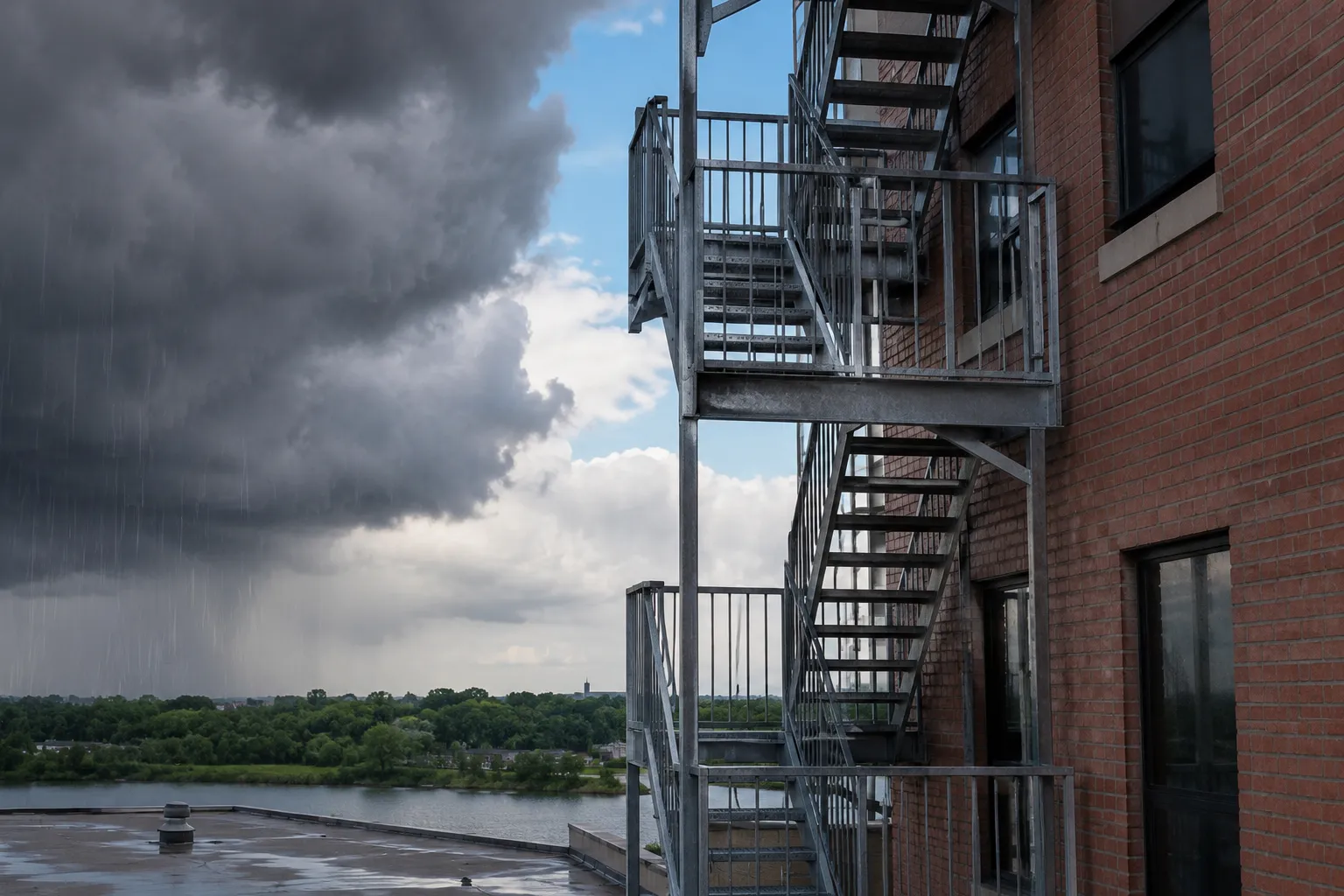 Exterior fire escape on an NYC building as severe weather approaches Exterior fire escape on an NYC building as severe weather approaches