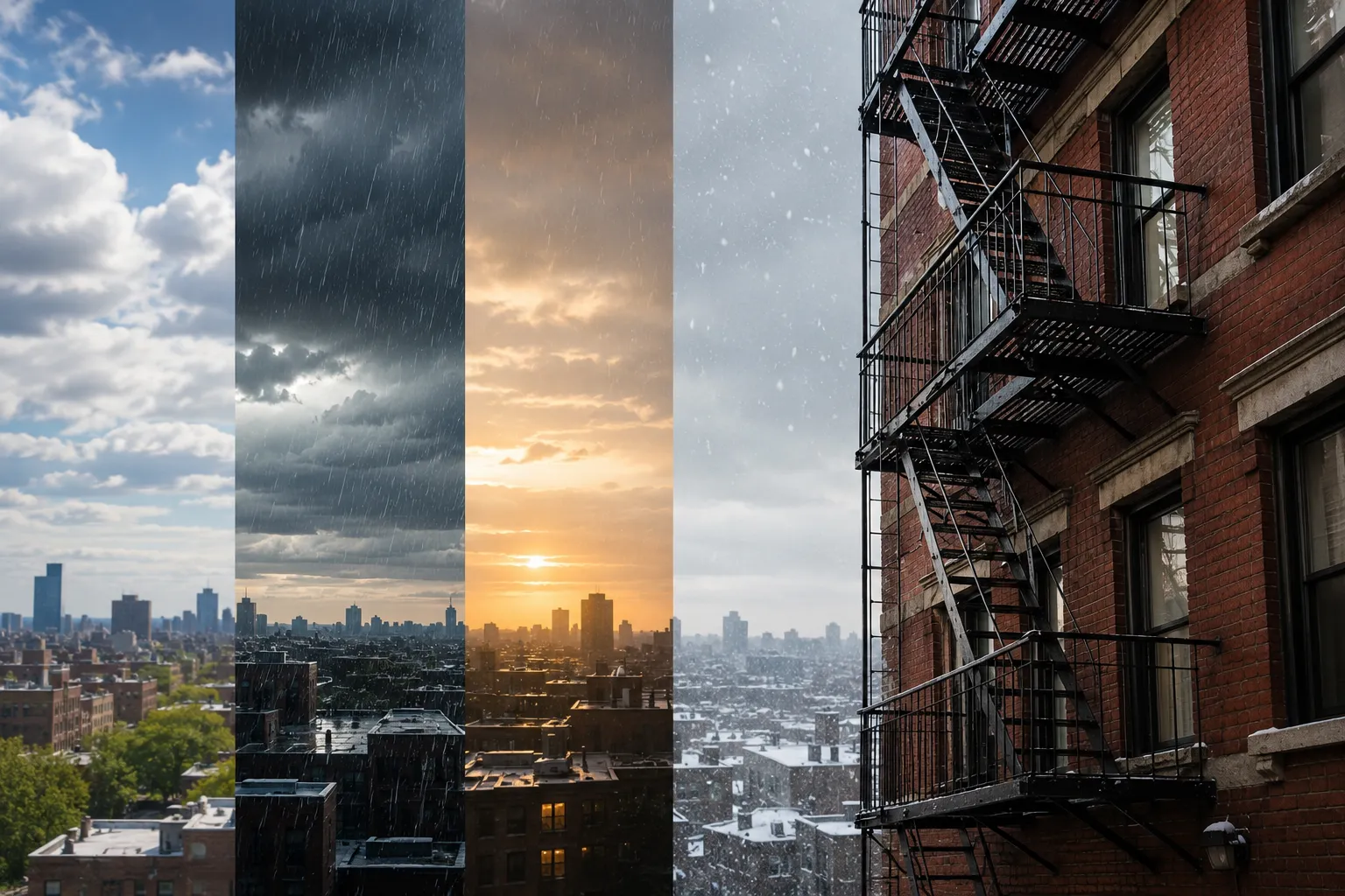 NYC fire escape shown across sunny, rainy, hot, and snowy weather conditions NYC fire escape shown across sunny, rainy, hot, and snowy weather conditions