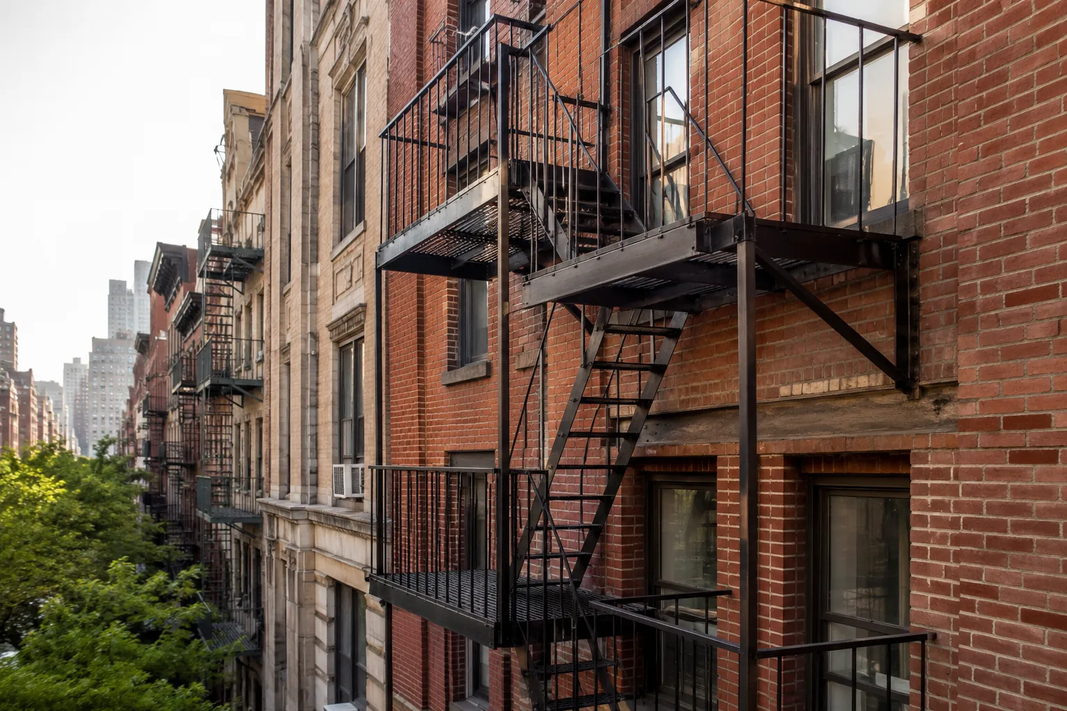 Exterior fire escape installed on a brick residential building in New York City