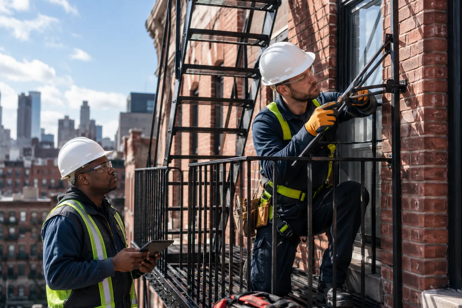 Two workers performing proactive maintenance on an NYC fire escape to help keep the structure safe, functional, and code-compliant