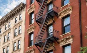 Exterior fire escape installed on a residential apartment building in New York City