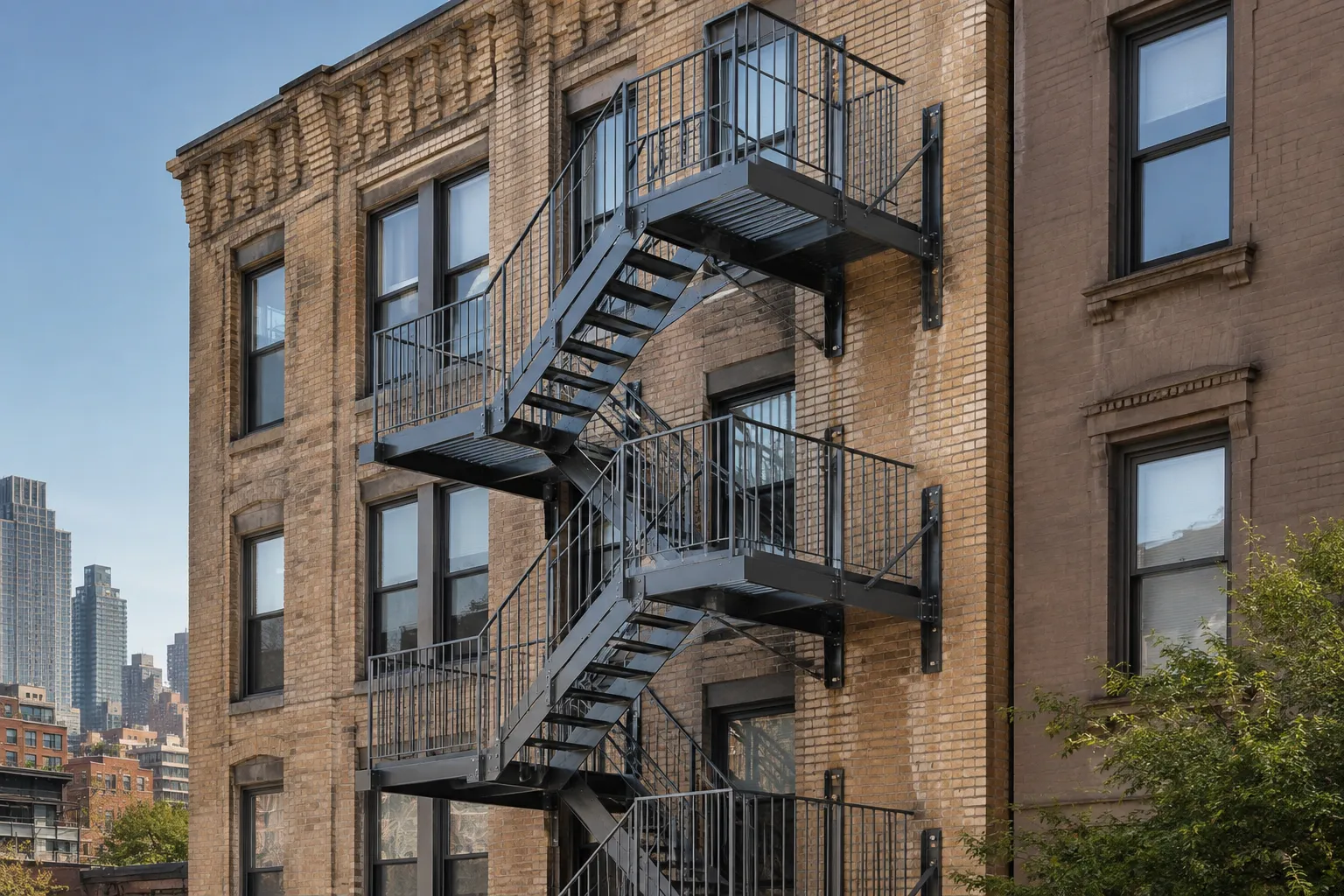New exterior fire escape added to an existing brick building in New York City