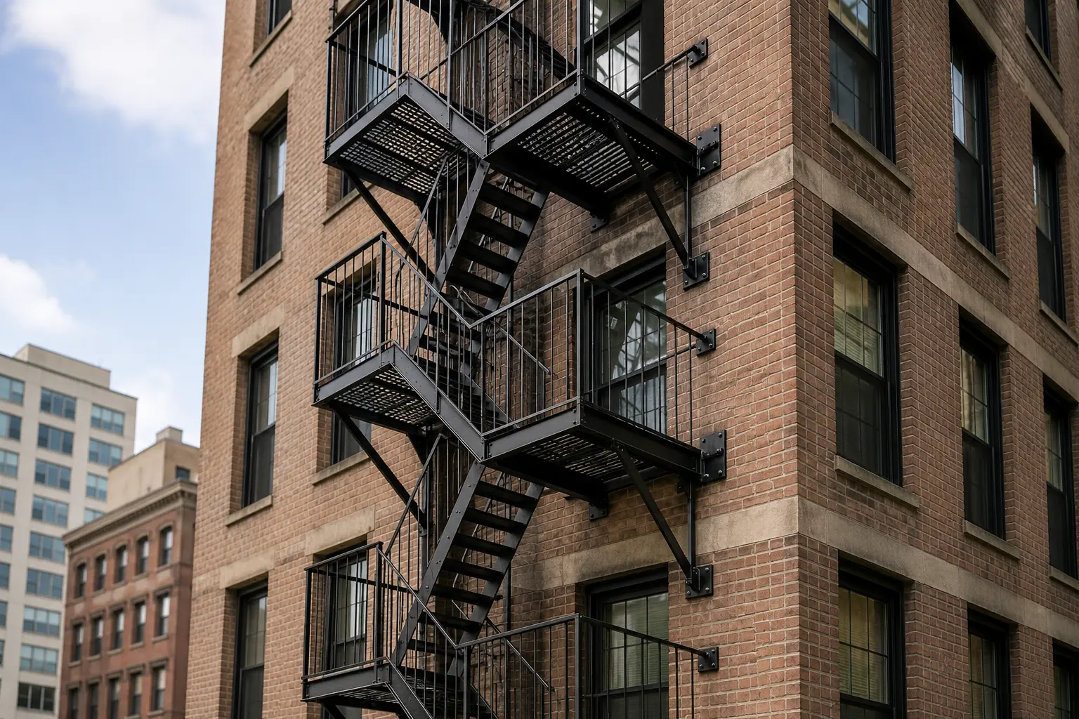 Multi-story NYC fire escape showing additional platforms and stairs for higher floors Multi-story NYC fire escape showing additional platforms and stairs for higher floors