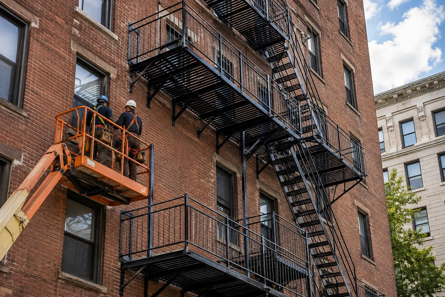 Workers completing final checks on a newly installed residential fire escape in New York City