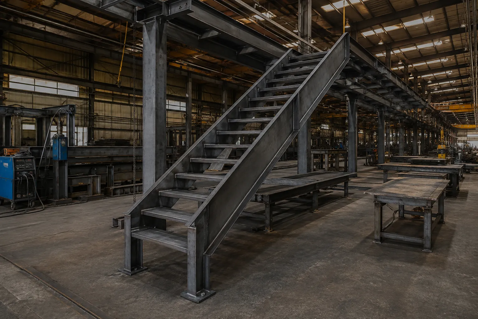 Custom steel fire escape components being fabricated in an industrial workshop