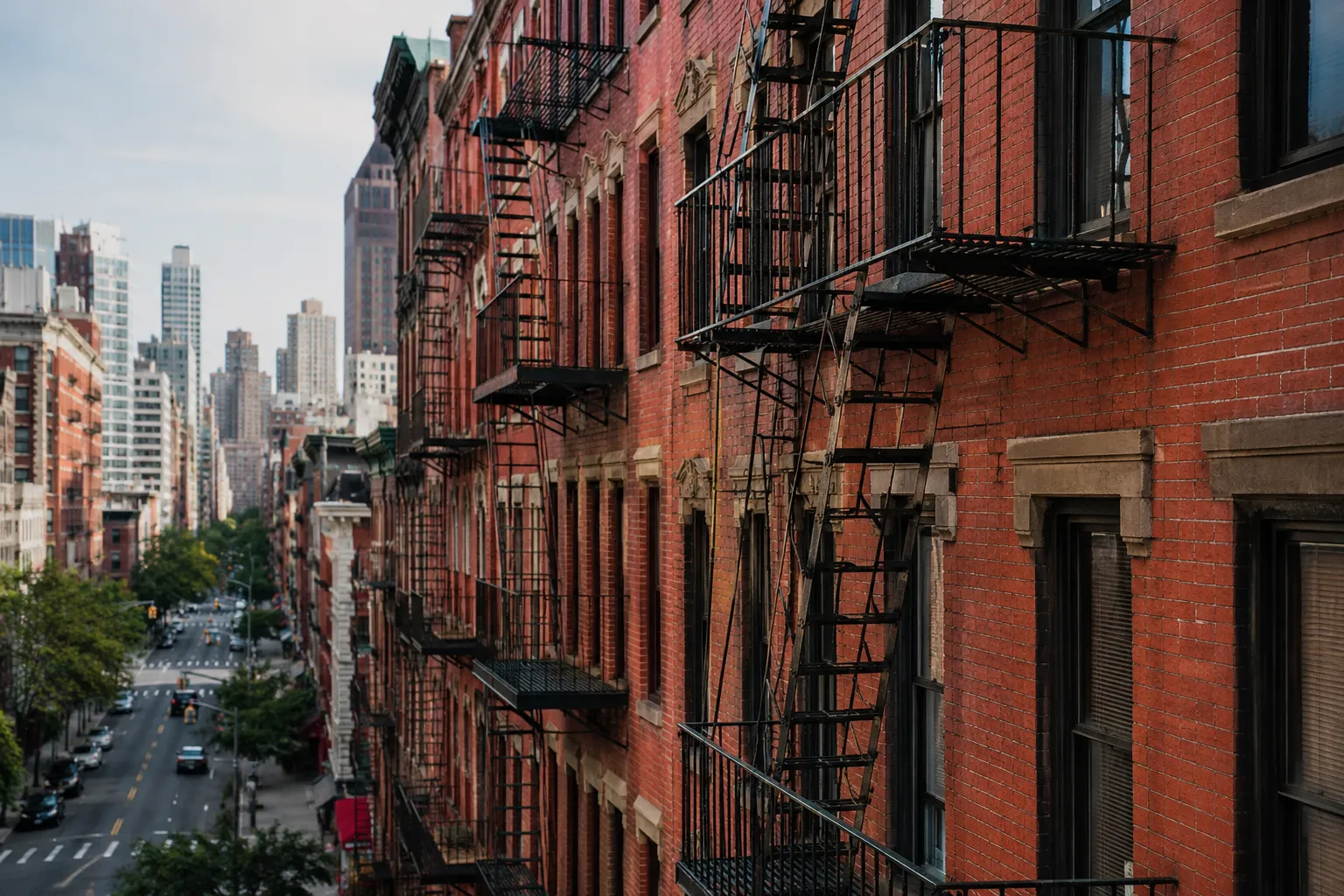Rows of exterior fire escapes on NYC buildings showing varying installation conditions