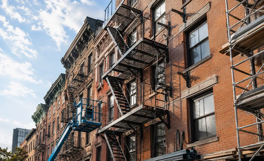 Exterior fire escape on an NYC building representing installation timeline and project planning