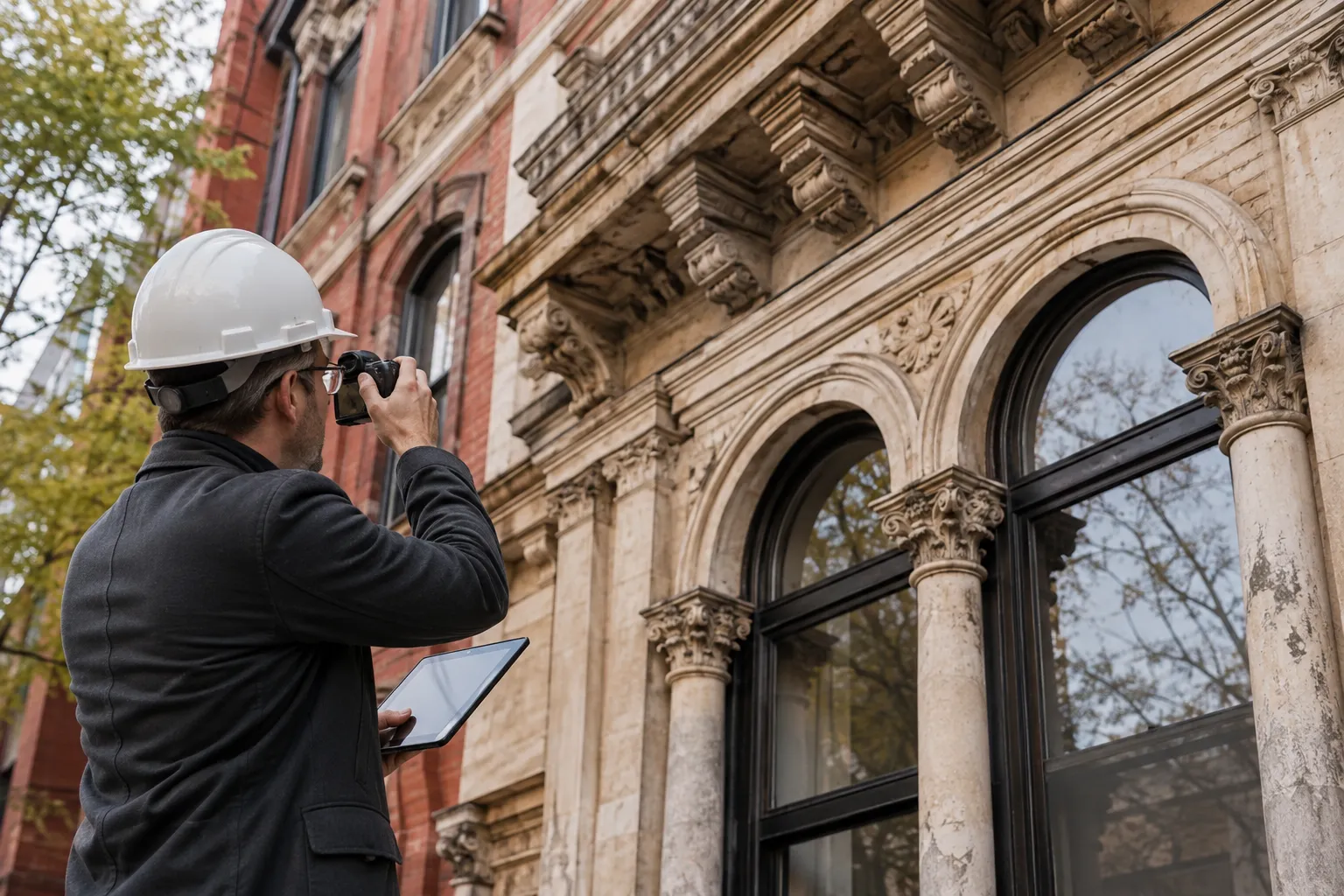 Inspector reviewing historic facade details before fire escape installation on an NYC landmark building