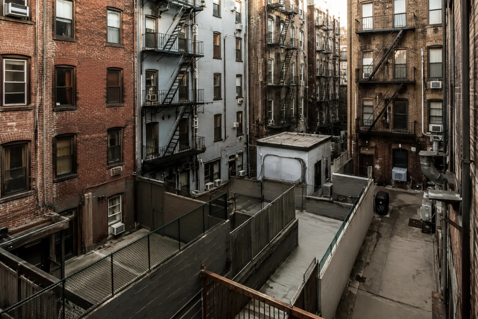 Narrow rear yards and shared spaces around residential fire escapes on NYC apartment buildings
