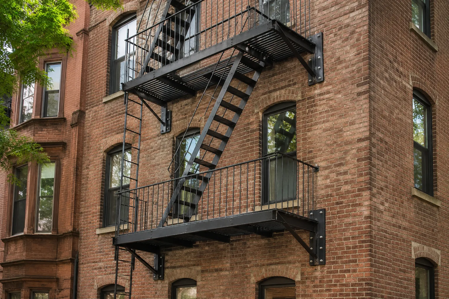 New steel fire escape attached to an older brick masonry building in New York City