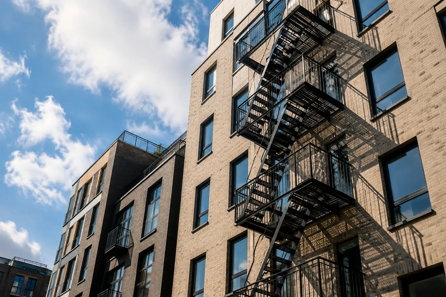 NYC residential building with exterior fire escape representing advance installation planning