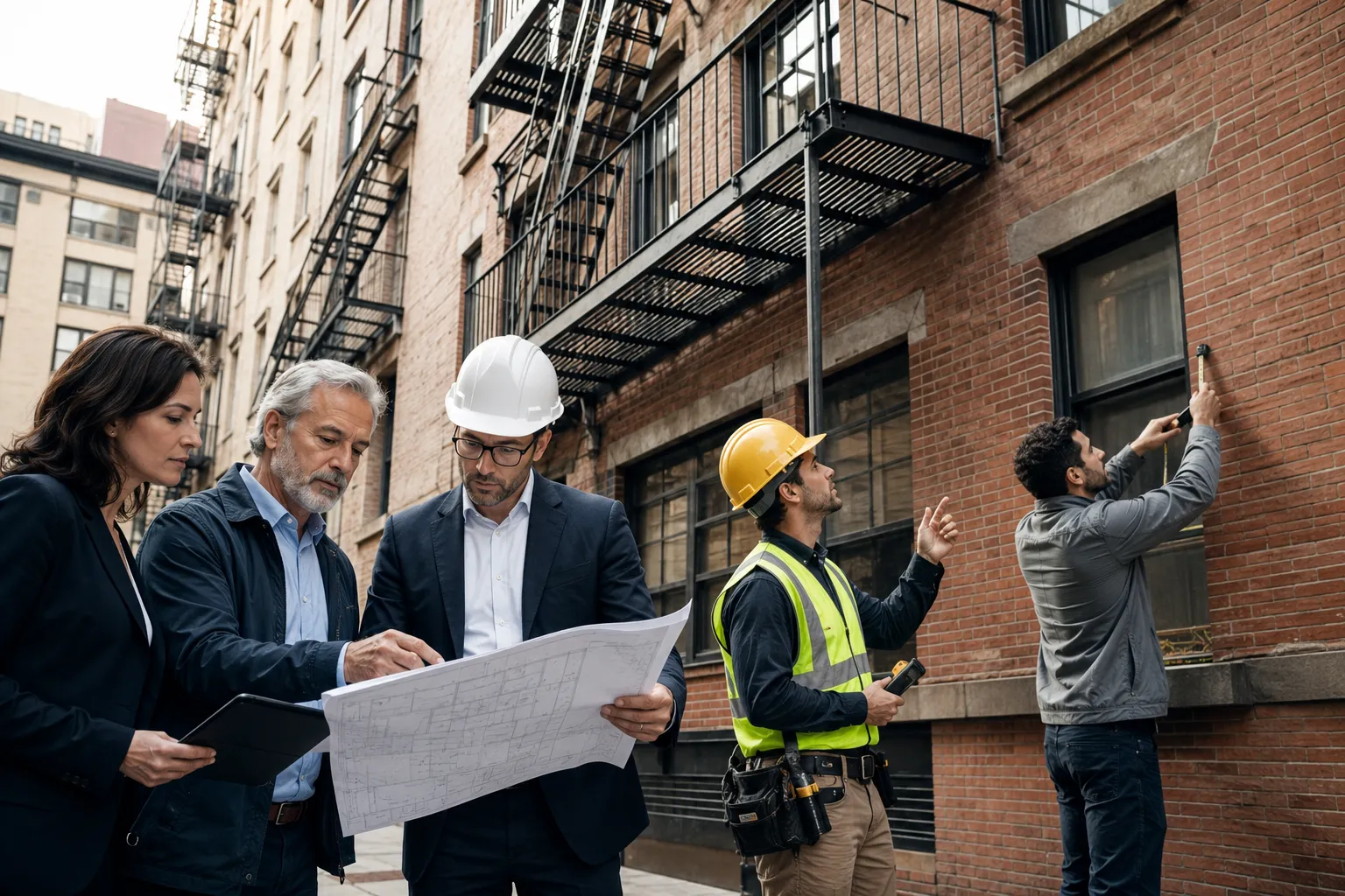 Engineer, contractor, and property professionals carrying out pre-installation fire escape checks on an NYC building