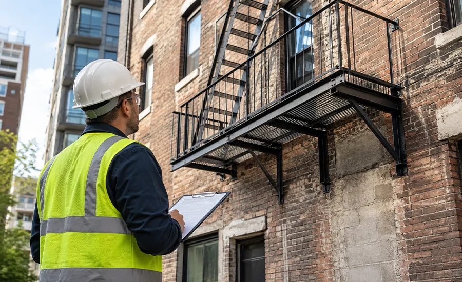 Contractor inspecting an NYC building before fire escape installation