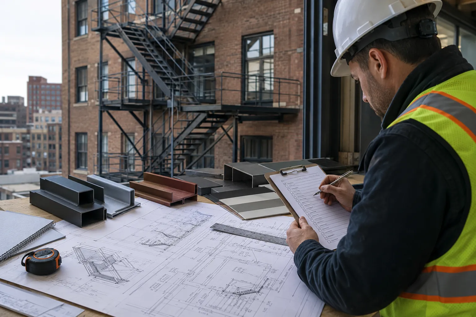 Contractor reviewing fire escape plans, measurements, and steel specifications before fabrication in NYC