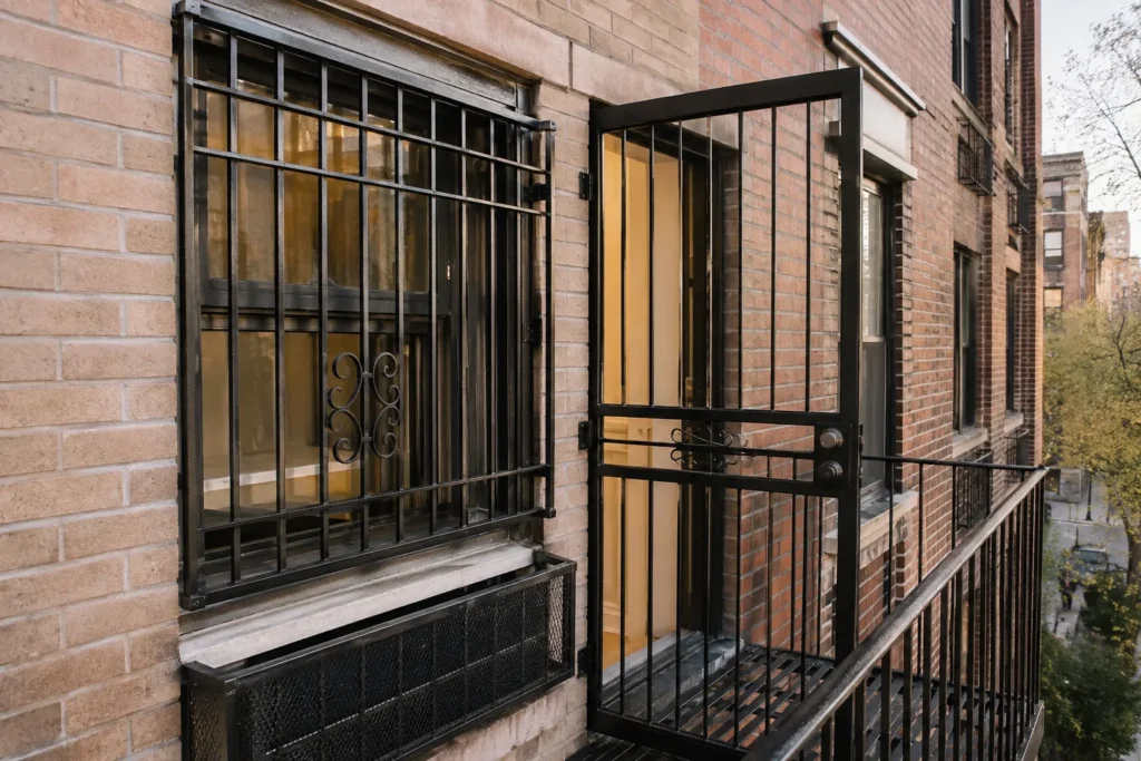 Window guards and security gate beside a residential fire escape on an NYC building